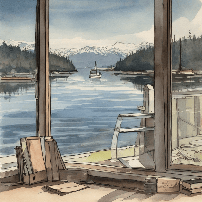 Olympic Mountains reflect in harbor water, not the library's deadline.